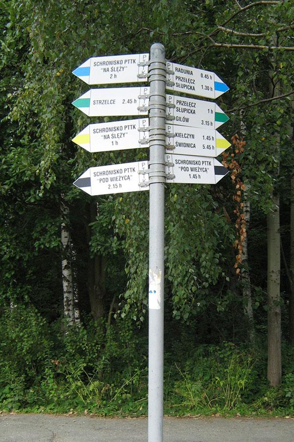 Drogowskaz na Przełęczy Tąpadła dość optymistycznie zakłada, że dojście żółtym szlakiem na szczyt zajmie tylko godzinę.
