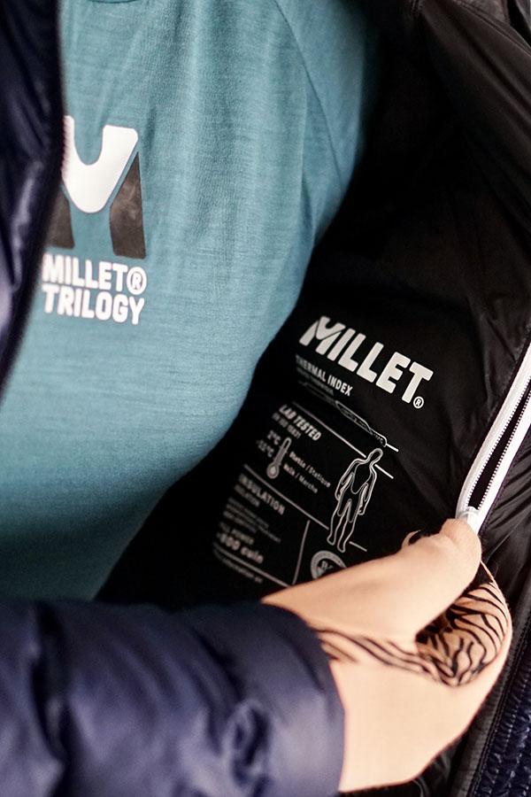Wewnątrz kurtki Millet Trilogy Icon Down nadrukowano tabelę z wynikami testów. Jest się czym chwalić!