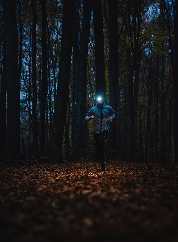 Biegacz nocą w lesie.