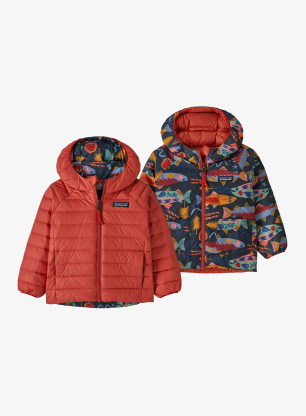 Kurtka dziecięca Patagonia Baby Reversible Down Sweater Hoody - salmon energy/ink black